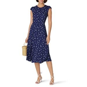 Reformation Maison Fauna Button Up Midi Dress Blue Floral Cap Sleeves Crew Small